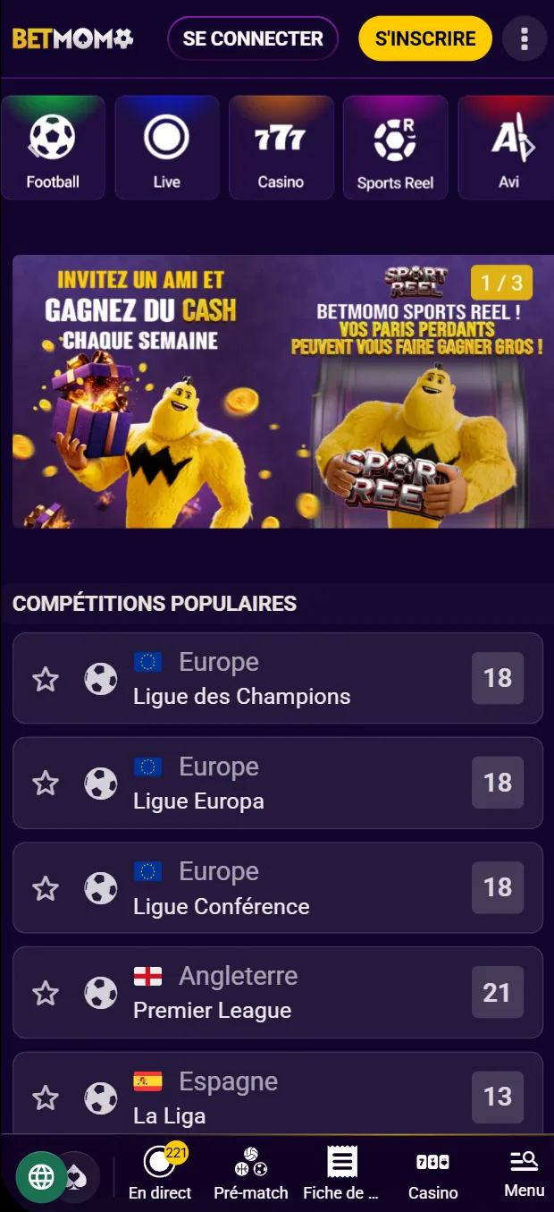 Accueil de l'application Betmomo avec raccourcis Football, Live, Casino, bannière d'invitation et compétitions populaires