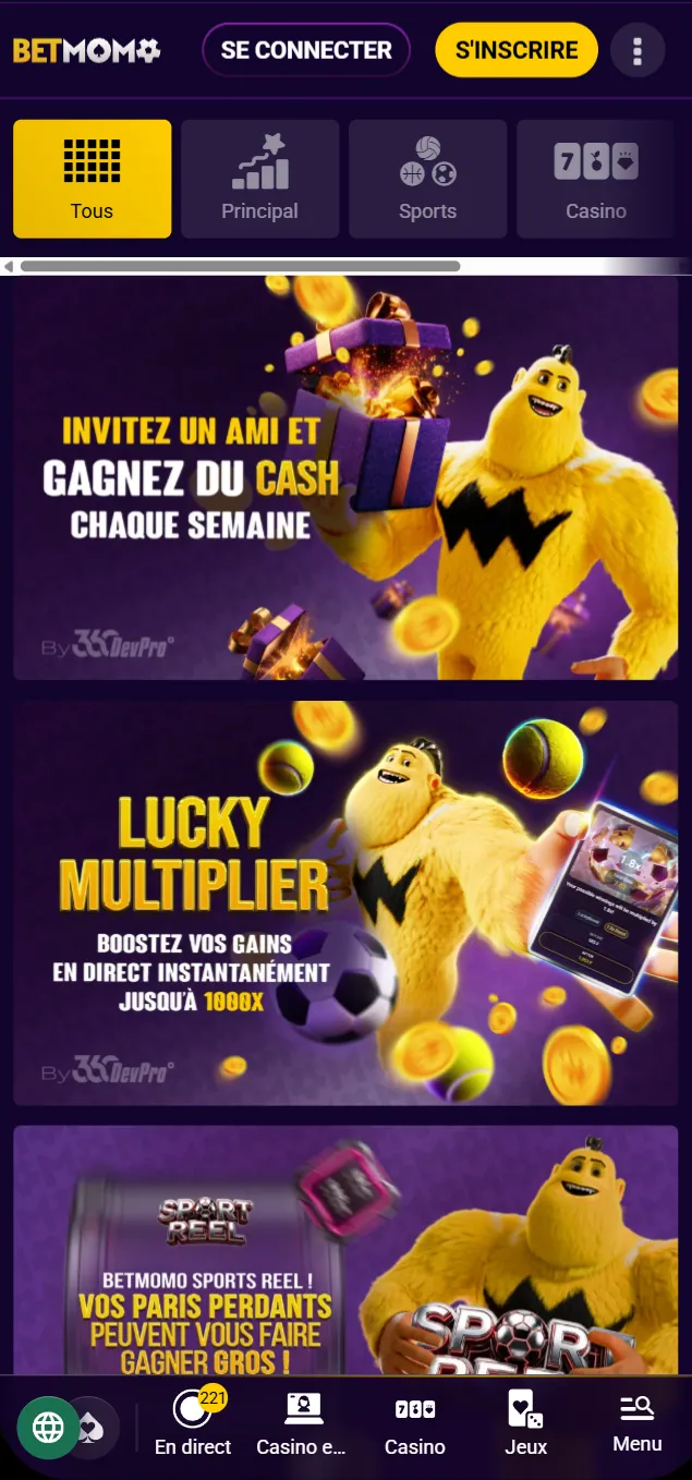 Page des promotions de l'application Betmomo avec les bannières Invitez un ami, Lucky Multiplier et Sports Reel