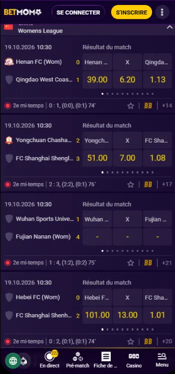 Matchs de football en direct dans l'application Betmomo avec cotes 1X2 et score en cours
