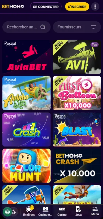 Catalogue de jeux crash de l'application Betmomo avec Aviabet, Avi, Crash et Color Hunt
