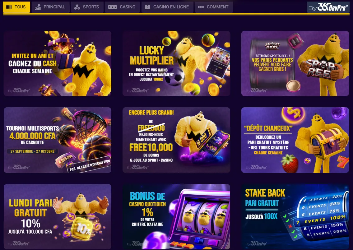 Page des promotions Betmomo : parrainage, Lucky Multiplier, Sports Reel, tournoi multisports, cadeau FREE 10 000, dépôt chanceux, pari gratuit du lundi, bonus casino 1 % et Stake Back