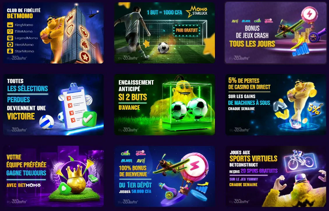 Promotions Betmomo : club de fidélité, Momo StarLuck, bonus crash, sélections perdues, encaissement anticipé, pertes casino, équipe préférée et sports virtuels