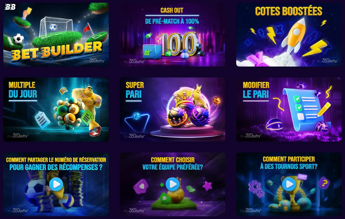 Outils de paris Betmomo : BetBuilder, cash out de pré-match à 100 %, cotes boostées, multiple du jour, Super Pari, modifier le pari et guides vidéo