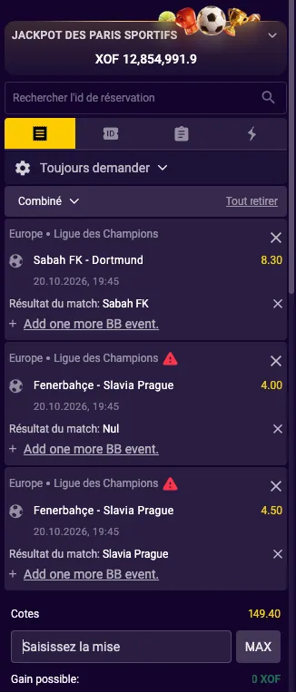 Coupon de paris Betmomo en mode combiné avec trois matchs de Ligue des champions et la cote totale
