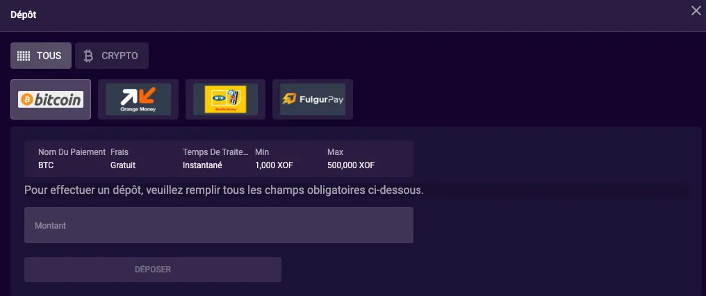 Caisse Betmomo : dépôt en Bitcoin, frais gratuits, traitement instantané, minimum 1 000 XOF et maximum 500 000 XOF
