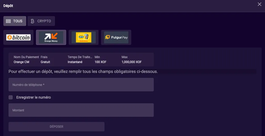 Écran de dépôt par Orange Money sur Betmomo