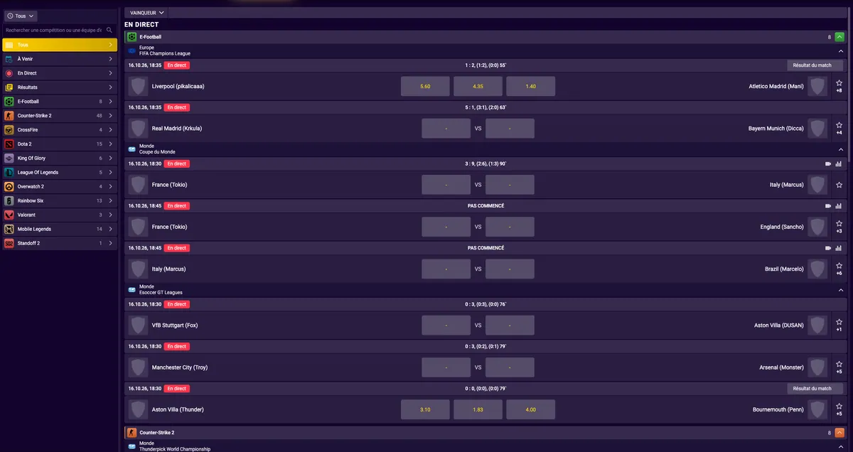 Section e-sport Betmomo avec les tournois et les cotes