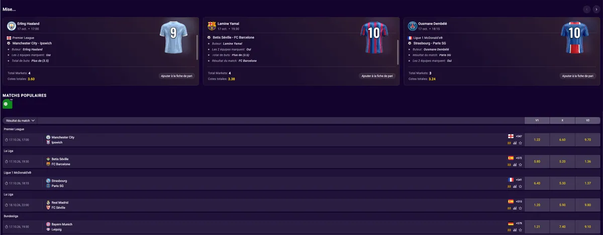 Page des matchs populaires Betmomo avec cotes 1X2 pour Premier League, Liga, Ligue 1 et Bundesliga