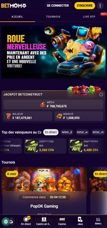 Accueil du casino Betmomo sur mobile avec jackpots, top des vainqueurs et tournois
