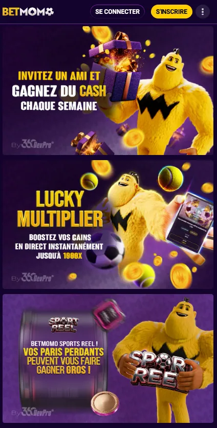Page des promotions Betmomo sur mobile avec bannières Invitez un ami, Lucky Multiplier et Sport Reel