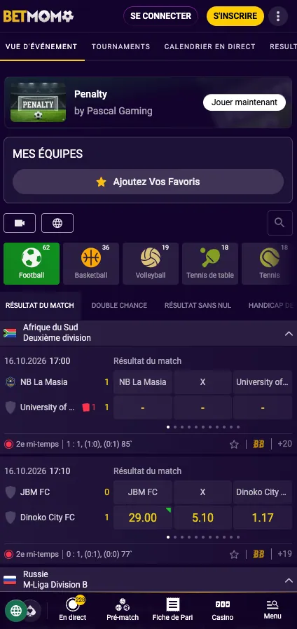 Section sport de l'application mobile Betmomo avec la liste des matchs et des cotes