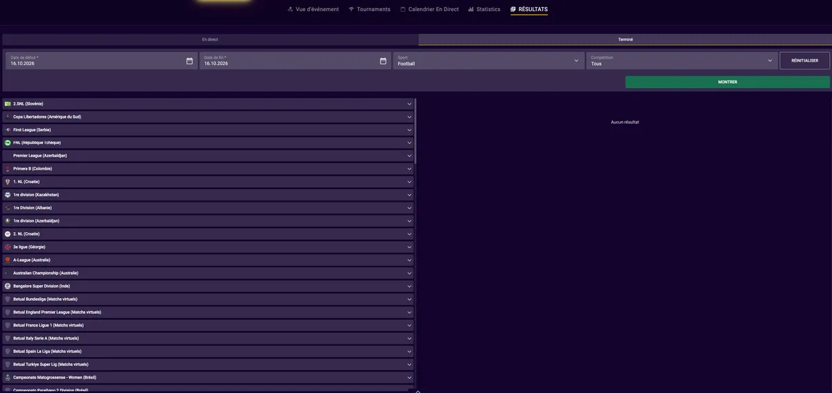 Page des résultats sportifs Betmomo avec les scores finaux