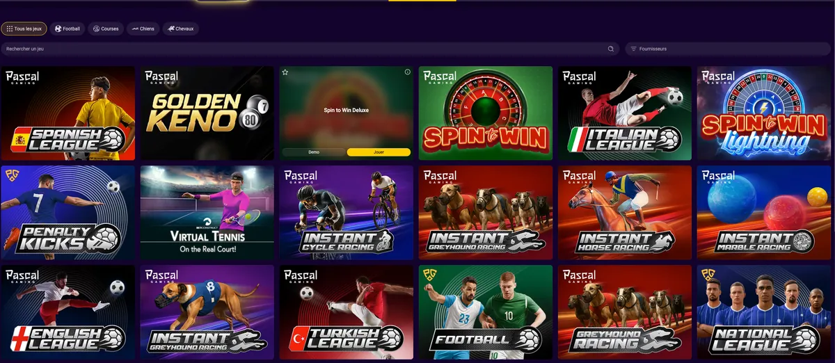 Lobby des jeux virtuels Betmomo avec filtres, recherche et fournisseurs Pascal Gaming et BetConstruct