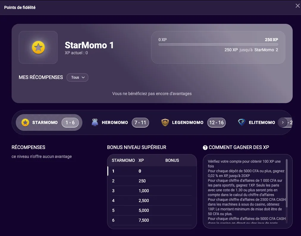 Écran Points de fidélité StarMomo avec niveaux, XP et comment gagner des XP